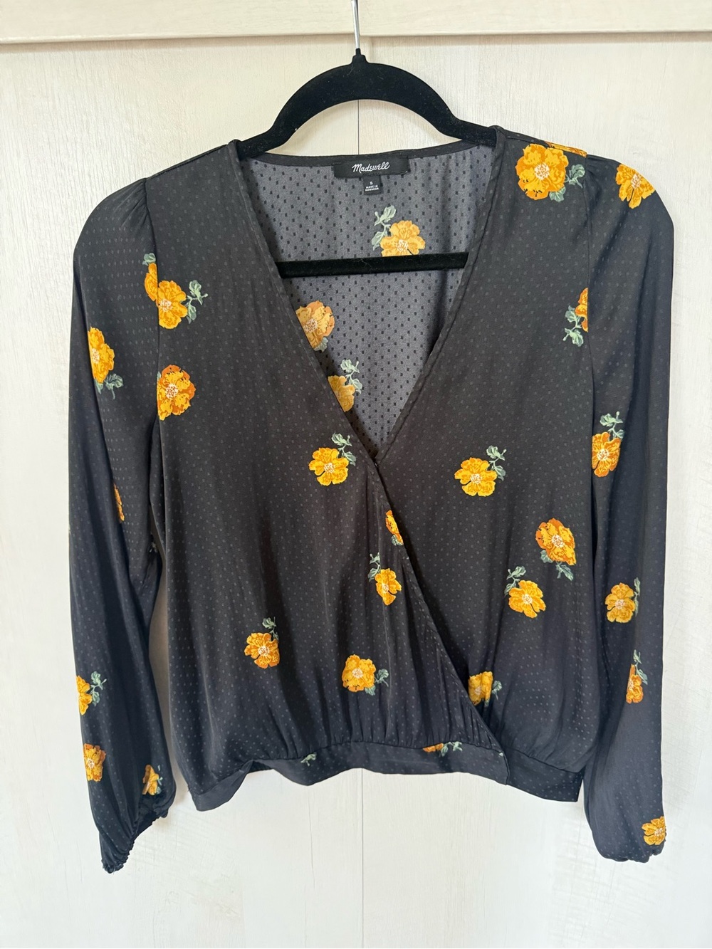 Madewell Black Wrap Blouse Yellow Floral Print Small